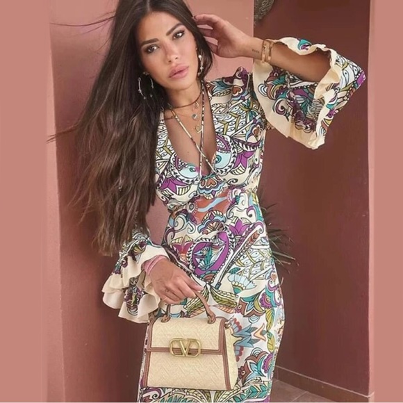 Zara Printed Midi Dress Size Medium - Picture 3 of 11